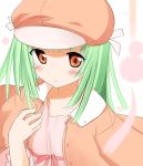  blush cabbie_hat green_hair hat jacket jacket_on_shoulders monogatari_(series) orange_eyes sengoku_nadeko short_hair suika_(kinokoh) 