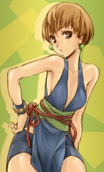  armpits bare_shoulders bike_shorts brown_hair chun-li chun-li_(cosplay) cosplay earrings jewelry persona persona_4 satonaka_chie short_hair solo street_fighter thomasz 