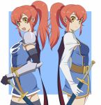  armor belt chastel_aiheap gloves hisuka_aiheap mikeneko_(stray-sheep) military military_uniform multiple_girls ponytail red_hair redhead shastere_aiheap sheath sheathed siblings sisters smile sword tales_of_(series) tales_of_vesperia tales_of_vesperia:_the_first_strike thighhighs twins uniform weapon yellow_eyes 