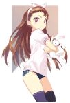  blush brown_hair bunny buruma gym_uniform hair_ribbon hairband highres idolmaster kawata_hisashi long_hair minase_iori rabbit red_eyes ribbon solo stuffed_animal stuffed_toy thigh-highs thighhighs 