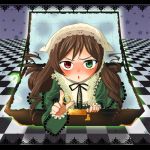  angry asami blush bow box brown_hair checkered checkered_floor dress drill_hair frills from_above gift green_eyes hat heterochromia holding holding_gift in_box in_container jewelry lace letterboxed lolita_fashion long_hair looking_at_viewer open_mouth red_eyes ring rozen_maiden solo star suiseiseki treasure_chest very_long_hair 