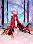  1girl bare_shoulders black_legwear breasts center_opening cleavage detached_sleeves elbow_gloves fingerless_gloves gloves guilty_crown hair_ornament hairclip hands_on_own_cheeks hands_on_own_face highres long_hair looking_at_viewer navel pink_hair red_eyes sitting solo thigh-highs twintails wariza yuzuriha_inori 