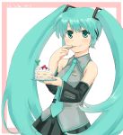  aqua_hair blush cake detached_sleeves food food_on_face fork hatsune_miku headphones himetsuba long_hair necktie pastry plate skirt smile spring_onion twintails very_long_hair vocaloid 