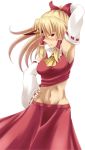  armpits arms_up bad_id blonde_hair blush bow cosplay detached_sleeves hair_bow hair_tubes hakurei_reimu hakurei_reimu_(cosplay) hand_on_hip horn horns hoshiguma_yuugi japanese_clothes kosmosshuffle long_hair midriff miko mound_of_venus red_eyes solo touhou 