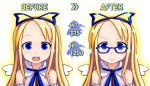  bare_shoulders before_and_after bespectacled blonde_hair blue_eyes bow detached_sleeves disgaea flonne glasses hair_bow kurabayashi_aya sparkle wings 
