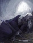  blanket dark_elf drizzt_dourden elf male pointy_ears sleeping solo sword white_hair 