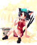  1girl animal_ears black_hair cat_ears cat_tail chen earrings eating fish food hat jewelry multiple_tails shin_(new) solo tail touhou 