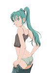  back bad_id camisole dressing flat_chest green_eyes green_hair green_panties hatsune_miku highres jeans long_hair looking_back midriff panties pants_pull pantyshot pantyshot_(standing) shiika_sadamasa standing striped striped_panties twintails underwear undressing very_long_hair vocaloid 