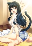  animal_ears ass bad_id barefoot black_hair blue_eyes cat_ears cat_tail feet highres original panties striped striped_panties tail ten_oni_touri underwear wet_clothes 