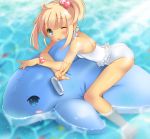  barefoot blush casual_one-piece_swimsuit hair_bobbles hair_ornament hands inflatable_dolphin one-piece_swimsuit original pan_(mimi) side_ponytail solo swimsuit tongue v water wink 