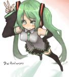  1girl detached_sleeves from_above green_eyes green_hair hatsune_miku headphones long_hair miyamae_porin necktie skirt smile solo thigh-highs thighhighs twintails v very_long_hair vocaloid zettai_ryouiki 
