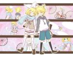  bicycle blonde_hair closed_eyes hair_ornament hair_ribbon hairclip hand_holding happy holding_hands kagamine_len kagamine_rin rencon ribbon scarf short_hair siblings smile thighhighs twins vocaloid 