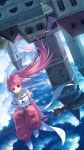  arche_klein broom broom_riding cityscape elbow_gloves gloves long_hair pink_eyes pink_hair sky solo tales_of_(series) tales_of_phantasia upside-down yakka 