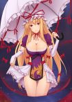  1girl blonde_hair breasts cleavage elbow_gloves gap gloves hat large_breasts legs long_hair no_panties red_eyes shuugetsu_karasu solo thigh_gap thighs touhou umbrella yakumo_yukari 