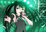  bare_shoulders black_hair bust detached_sleeves feathers fingernails green_eyes hands hatsune_miku headphones long_fingernails long_hair long_nails microphone nail_polish nails necktie pointing shirt singing twintails very_long_hair vocaloid xr650r 