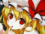  blonde_hair close-up face finger_to_mouth flandre_scarlet hat nail_polish red_eyes reina_(black_spider) shiro_spider solo touhou wallpaper 