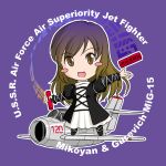  brown_eyes brown_hair chibi commentary_request communism gothic_lolita gradient_hair hijiri_byakuren jet lolita_fashion long_hair mig-15 multicolored_hair sakurato_tsuguhi solo touhou 