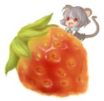  bad_id blush chibi food fruit grey_hair minigirl mouse_ears mouse_tail nazrin red_eyes saliva sinhto solo strawberry tail touhou 