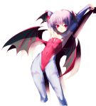  armpits arms_up bare_shoulders bat_wings capcom demon_girl elbow_gloves flat_chest gloves head_wings headwings highres kawata_hisashi lilith_aensland pantyhose purple_hair red_eyes short_hair signature smile solo vampire_(game) wings 