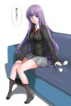  come_hither couch feet green_eyes legs long_hair miniskirt original pantyhose pantyhose_pull pleated_skirt purple_hair shinya_(artist) sitting skirt solo 
