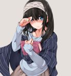  1girl bangs black_hair blue_eyes book headband holding holding_book idolmaster idolmaster_cinderella_girls pinstripe_pattern plus9 sagisawa_fumika shawl solo 