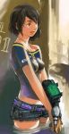  black_eyes black_hair bodypaint breasts earrings fallout fallout_3 gauntlets gloves highres jewelry lone_wanderer mizumura-ya original pip_boy short_hair short_shorts shorts vault_boy 