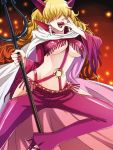  1girl blonde_hair breasts cape cloak curly_hair earrings fringe grin hair_over_eyes high_heels horns jewelry kanameyura licking lipstick nail_polish one_piece polearm sadi-chan shoes smile solo trident underboob wavy_hair weapon 