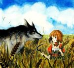  auburn_hair corn field original sickle tetuankyo traditional_media watercolor watercolor_(medium) wolf 