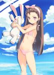  bunny flat_chest hair_ribbon highres idolmaster kawata_hisashi minase_iori rabbit ribbon stuffed_animal stuffed_toy swimsuit 