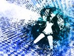  bikini_top black_hair black_rock_shooter black_rock_shooter_(character) blue_eyes boots coat glowing glowing_eyes highres long_hair meola midriff navel pale_skin shorts solo twintails uneven_twintails 