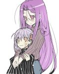  dowman_sayman fate/stay_night fate_(series) long_hair lowres matou_sakura purple_eyes purple_hair rider striped turtleneck violet_eyes 