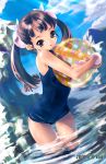  brown_eyes brown_hair child flat_chest hair_ribbon highres kawata_hisashi long_hair one-piece_swimsuit original polka_dot ribbon school_swimsuit sky solo swimsuit twintails water wet wristband 