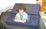  androgynous antenna_hair brown_eyes brown_hair crossed_arms glasses idolmaster idolmaster_dearly_stars idolmaster_ds miniboy nintendo nintendo_ds nogoodlife open_mouth oversized_object smile stylus through_screen 