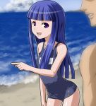  blue_hair child furude_rika higurashi_no_naku_koro_ni kuki_keiji long_hair one-piece_swimsuit pointing purple_eyes school_swimsuit swimsuit violet_eyes water 