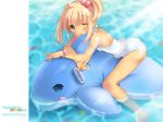  1girl blonde blonde_hair blue_eyes casual_one-piece_swimsuit inflatable_dolphin loli one-piece one-piece_swimsuit original pan_(mimi) side_ponytail straddle swimming swimsuit tongue toy water wink 
