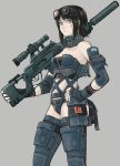  1girl blue_eyes goggles gun scarf science_fiction scifi scope short_hair suppressor weapon 
