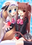  2girls animal_ears bell blue_eyes bow brown_hair cat_ears cat_tail choker collar dog_ears fang hat heart jingle_bell little_busters! little_busters!! long_hair multiple_girls natsume_rin noumi_kudryavka open_mouth red_eyes tail thighhighs very_long_hair wink yokuran 