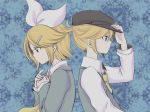  back-to-back back_to_back blonde_hair hair_ribbon hat kagamine_len kagamine_rin rencon ribbon short_hair siblings skeleton_life_(vocaloid) twins vocaloid 