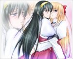  blush fervent_idiot himemiya_chikane hug incipient_kiss kannazuki_no_miko kurusugawa_himeko multiple_girls school_uniform yuri zoom_layer 