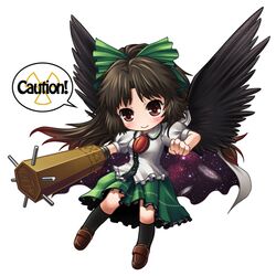  bow brown_eyes brown_hair cape chibi eyes kei_(pixiv) kei_kei long_hair radiation_symbol reiuji_utsuho speech_bubble touhou weapon wings 