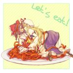  bad_id blonde_hair bow brown_hair detached_sleeves dirty english food girl_in_food girl_on_a_plate hakurei_reimu hat in_food long_hair mess minigirl multiple_girls ogi_(sham00) sham short_hair spaghetti stain touhou yakumo_yukari yuri 