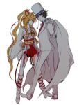  blonde_hair boots cape crossover detective_conan eye_contact formal fuki_raito hand_on_hip hat japanese_clothes kaito_kid kaitou_jeanne kamikaze_kaitou_jeanne kuroba_kaitou kusakabe_maron long_hair looking_at_another meitantei_conan pleated_skirt profile simple_background skirt top_hat 