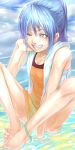  barefoot blue_hair fangs feet grin highres inugoro jewelry ponytail smile teeth water wink yellow_eyes 