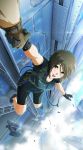  1girl bike_shorts black_eyes brown_eyes brown_hair building cable cloud falling gloves hand_holding high holding_hands looking_up open_mouth original scenery science_fiction shiny short_hair 