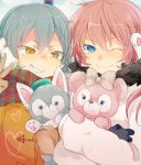  2boys aqua_hair blue_eyes bust earmuffs gloves grin heart inazuma_eleven_(series) inazuma_eleven_go kariya_masaki kirino_ranmaru looking_at_viewer male_focus multiple_boys one_eye_closed pink_hair scarf shirota69 smile v yellow_eyes 