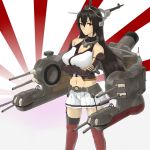  1girl black_hair breasts cannon cleavage crossed_arms elbow_gloves garter_straps gloves halterneck headgear highres kantai_collection large_breasts long_hair mecha_musume miniskirt nagato_(kantai_collection) red_eyes red_legwear san_(sinji-koro) skirt solo thigh-highs 