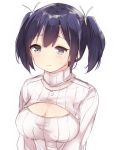  1girl 3: aqua_eyes black_hair blush breasts bust cleavage cleavage_cutout kantai_collection komachi_naruta large_breasts necktie open-chest_sweater ribbed_sweater short_hair simple_background sketch solo souryuu_(kantai_collection) sweater turtleneck twintails white_background 