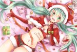  1girl bell bell_collar belt christmas collar elbow_gloves fangs gift gloves green_eyes green_hair hatsune_miku highres jingle_bell long_hair lying navel on_back open_mouth red_gloves santa_costume short_shorts shorts solo stuffed_animal stuffed_toy twintails very_long_hair vocaloid 