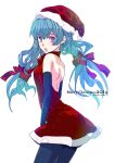  1girl 2014 character_name christmas dress elbow_gloves gloves hat hatsune_miku long_hair merry_christmas mouri open_mouth pantyhose santa_hat solo twintails vocaloid white_background 