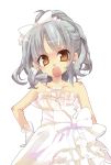  &gt;:o 1girl :o alternate_costume alternate_hairstyle blush bow dress earrings frilled_dress frills grey_hair hair_bow hands_on_hips jewelry kanori kantai_collection kasumi_(kantai_collection) long_hair necklace open_mouth ponytail simple_background solo strapless_dress wedding_dress white_background white_bow white_dress yellow_eyes 